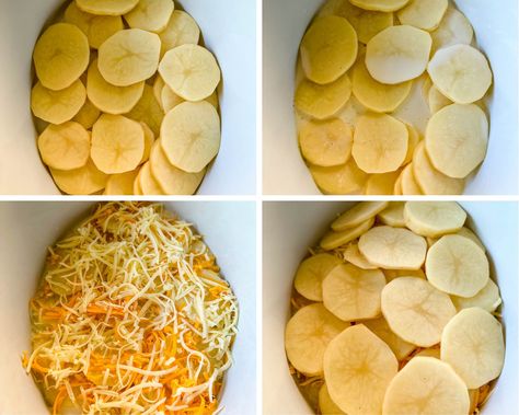 These Slow Cooker Crockpot Cheesy Potatoes are the ultimate comfort food and indulgence. Tender potato slices layered with melty cheese and a creamy sauce slow-cooked to perfection. Each bite is loaded with flavors and textures that will leave you craving more. Cheesy Au Gratin Potatoes, Crockpot Cheesy Potatoes, Crockpot Potatoes, Au Gratin Potatoes, Gratin Potatoes, Potato Slices, Block Of Cheese, Potatoes Au Gratin, Cheese Potatoes