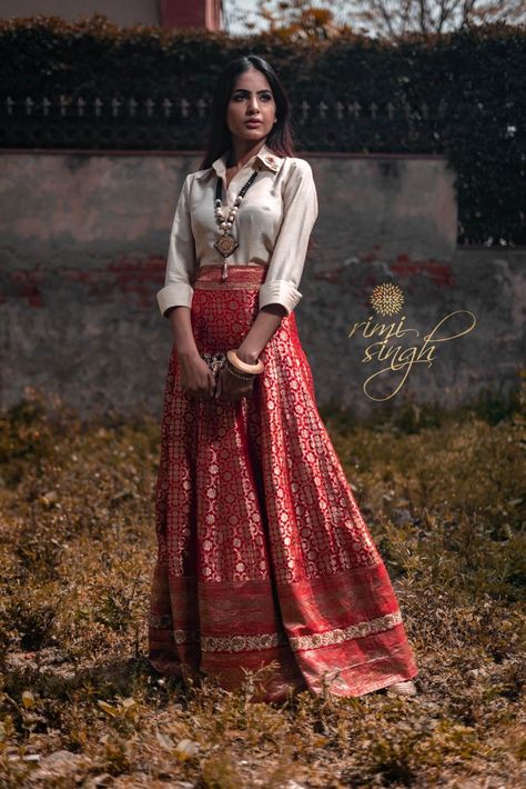 Banarasi Skirt Outfit, Banarasi Skirt With Shirt, Red Long Skirt Outfit Indian, Silk Shirt Skirt Outfit, Shirt Collar Blouse Designs For Lehenga, White Shirt Lehenga Outfit, White Shirt And Long Skirt Outfit, Silk Shirt And Skirt Outfit, Shirt And Skirt Outfit Traditional