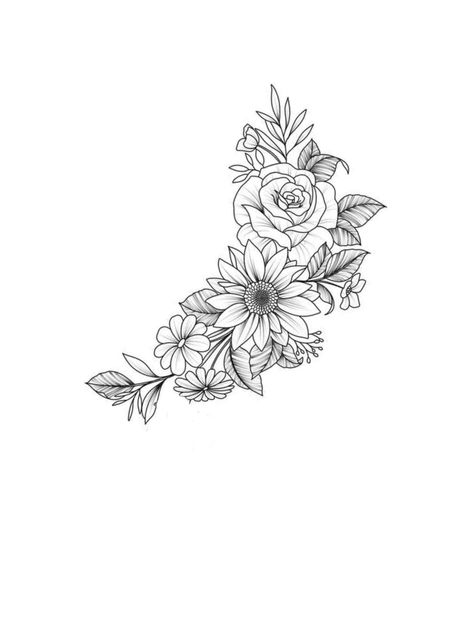 Flower Tattoos For Women Stencil, Rose And Sunflower Tattoo Forearm, Flower Cluster Tattoo Design, Sun Flower Tattoo Stencils, Flower Hip Tattoo Thigh Piece Stencil, Western Flower Drawing, Elbow Crease Tattoos For Women, Row Of Flowers Tattoo, Cluster Of Flowers Tattoo