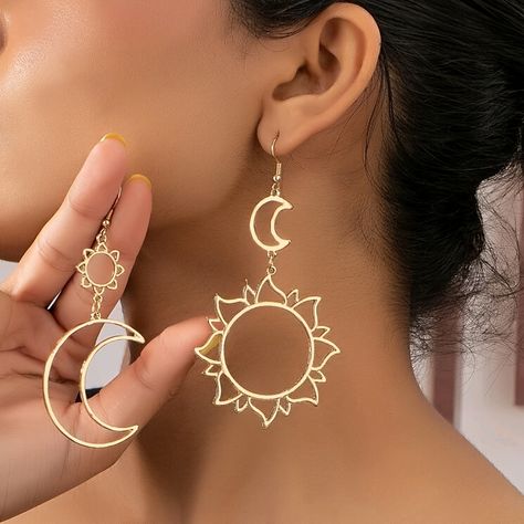 Design, Sun, Sun And Moon, Sun Moon, Dangle Earrings, Moon, Gold