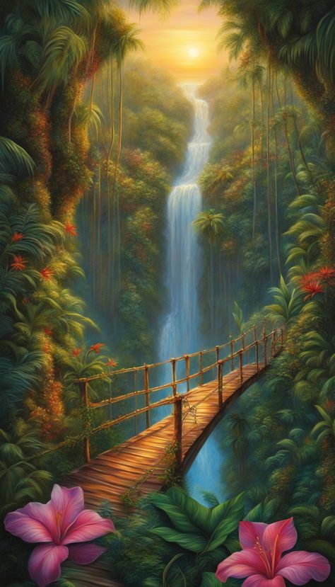 Tropical Waterfall Painting, Waterfall Scenery, Sunrise Wallpaper, Waterfall Paintings, Waterfall Art, New Photos Hd, Beautiful Images Nature, Tropical Forest, In The Jungle