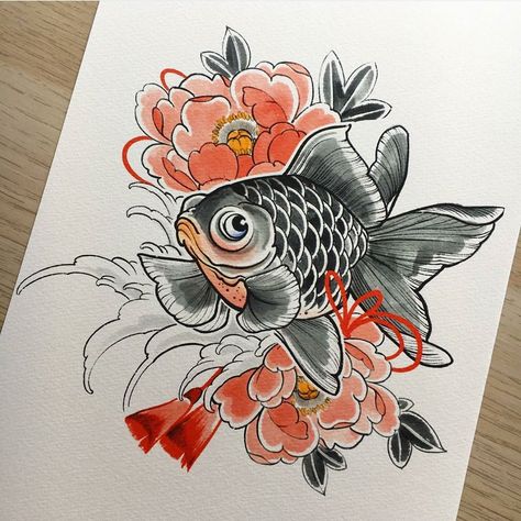 Japanese Fish Tattoo, Gold Fish Painting, Goldfish Tattoo, Peonies Art, Tato Maori, Baby Tattoo Designs, Goldfish Art, Tattoo S, Peony Art