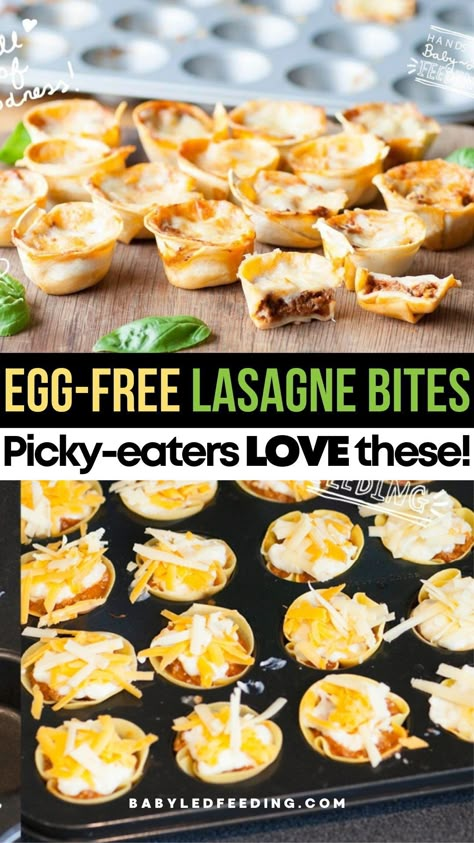 It's so easy to make mini lasagne bites without the hassle of cooking a full lasagne. These mini lasagna bites are easy, healthy, and perfect for kids AND picky eaters. Great for a weeknight meal and with egg and dairy-free options! Egg Free Lunches For Kids, Egg Free Snacks For Kids, Blw Recipes Egg Free, Eggless Blw Recipes, Gluten Free Kids Lunch Ideas, Dairy And Egg Free Recipes For Kids, Egg Free Toddler Meals, Lasagne Bites, Egg And Nut Free Recipes For Kids