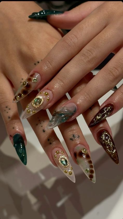 Pirate Nails Acrylic, Fall Nails Maximalist, Almond Boho Nails, Big Nail Charms, Biting Nails Aesthetic, Jewelry Nails Design, October Nails Long, Ethereal Aesthetic Nails, Medusa Nails Acrylic