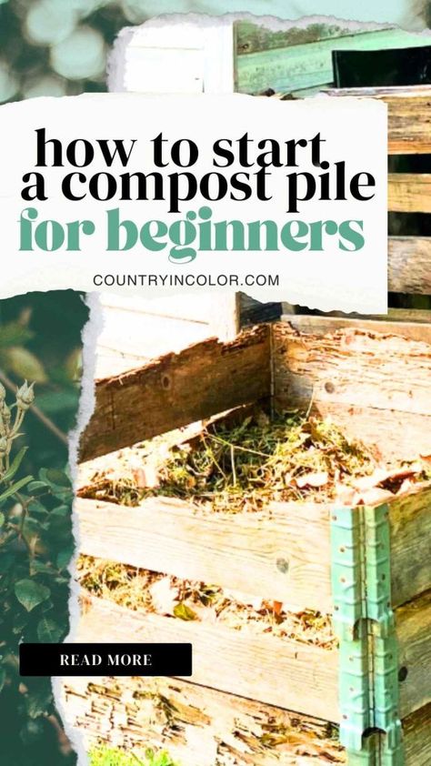 Discover how to start a compost pile in your backyard, suited for beginners! Follow our guide to understand how to create your own compost heap or bin, turning your kitchen scraps into rich soil for your garden. Visit www.countryincolor.com for more gardening tips. Beginner Composting Get Started, How To Create A Compost Bin, Simple Composting For Beginners, Starting Compost Bin, Start A Compost Pile, How To Start A Compost, Starting A Compost Pile, Building A Compost Pile, Easy Diy Compost Bin