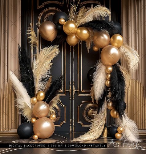 Elegant Black & Gold Digital Photography Backdrop Feathers and Pampas Digital Background Modern Photography Backdrop Birthday Anniversary - Etsy Black Brown Gold Background, Black Masquerade Party Ideas, Great Gatsby Party Backdrop, Luxe Birthday Party, Mascarade Party Ideas Decoration, Gatsby Backdrop Ideas, Gatsby Balloon Decor, Homecoming Background, Black And Gold Balloon Arch