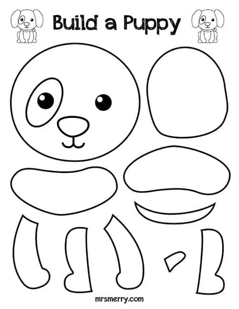 black & white-Build-a-Puppy-Kids-Activities-Mrs.-Merry_opt Build A Crab Printable, Puppy Template Free Printable, Build A Animal Free Printable, Build A Printable, Build An Animal Printable, Dog Activities For Toddlers, Puppy Crafts For Kids, Free Printable Crafts For Kids, Printable Preschool Crafts