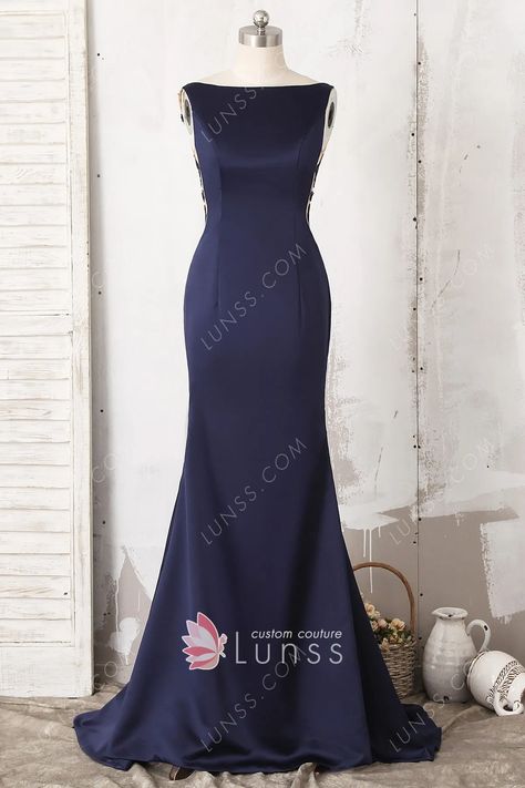 Simple and elegant, this navy blue evening formal dress is made of silky satin and lace fabric, features a simple bodice with boat neckline and illusion low back with zipper back closure, and fit & flare bottom with a short train. Navy Evening Dresses, Navy Blue Gown, Navy Blue Prom Dresses, Navy Blue Bridesmaid Dresses, A Line Bridal Gowns, Long Formal Gowns, Long Blue Dress, Simple Prom Dress, Satin Evening Dresses