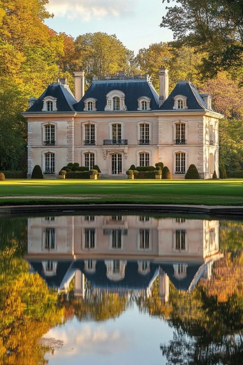 French Modern House, House In France Countryside, Chateau Style Homes, Mansion Villa, California Mansion Exterior, France Mansion, French Luxury Aesthetic, Manor Estate, 1950s Mansion