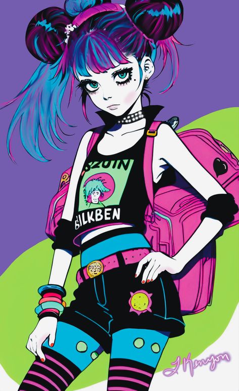 This zombie girl has pale white skin and blue eyes. Her hair is black, blue, pink, and purple. she has space buns in her hair and is wearing a backpack and shorts. The background is green and purple and the colors are a 1980s neon. Bubblegum Punk Fashion, Neon Character Design, Neon Goth Aesthetic, Neon Core, Neon Pop Punk Aesthetic, Punk Outfits Aesthetic, Neon Punk Fashion, Neon Punk Art, Vinne Art