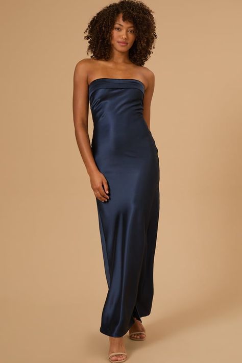 Paityn Strapless Maxi Dress in Navy | Altar'd State Long Black Strapless Dress Formal, Navy Blue Satin Dress Long, Blue Satin Dress Long, Formal Dresses Navy Blue, Navy Blue Wedding Guest Dress, Fall Wedding Guest Dress November, Long Black Strapless Dress, Navy Wedding Guest Dresses, Navy Blue Strapless Dress