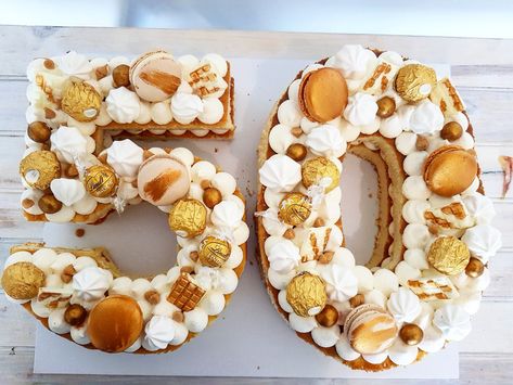 White And Gold Number Cake, 50 Number Cake, 50th Cake, Number Cake, Number Cakes, Baking Ideas, 50th Birthday, Birthday Cake, Baking