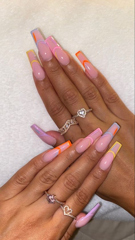 French Outline Acrylic Nails, Outline Nails Design, Outline Designs, Coffin Shape, French Colors, Colorful Nail Designs, Summer Nails Colors, Acrylic Nails Coffin, Coffin Nails Designs