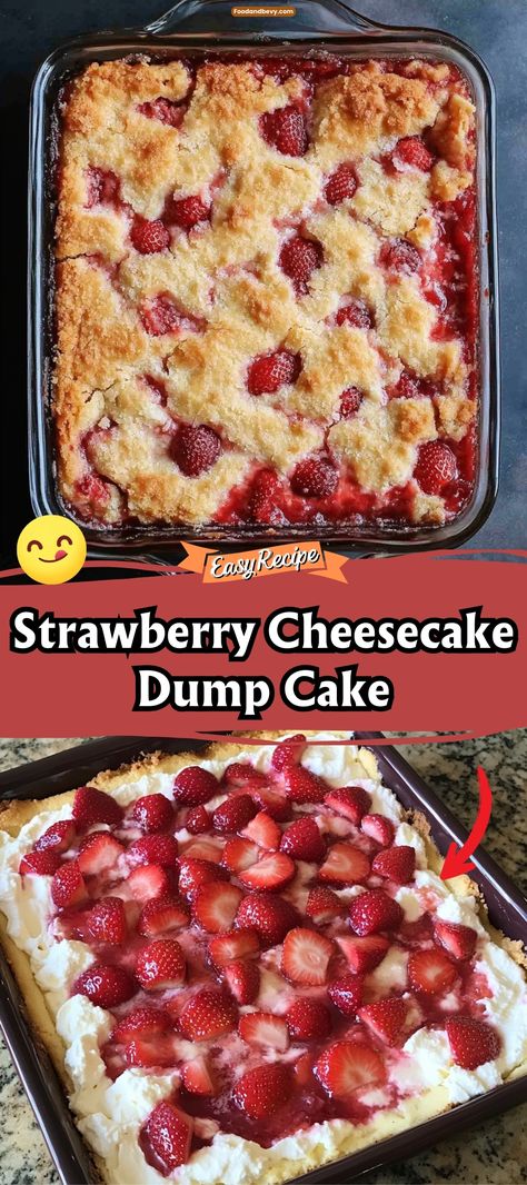 Enjoy the ease and deliciousness of this Strawberry Cheesecake Dump Cake, a perfect blend of fruity strawberries and creamy cheesecake flavor with a crumbly cake topping. Just dump the ingredients, bake, and serve for a hassle-free dessert that everyone will love. #DumpCake #EasyDesserts #StrawberryCheesecake Strawberry Baked Desserts, Strawberry Banana Dump Cake, Strawberry Cake With Jam, Dessert Recipe With Cream Cheese, Strawberry Shortcake Dump Cake, Cheesecake Bars Strawberry, Dump Cheesecake Recipes, Easy Desserts Fruit, Strawberry Cheesecake Funnel Cake