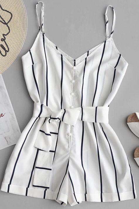 Striped Belted Cami Romper - White Xl Beige High Heels, Cami Romper, Casual Rompers, Cute Summer Outfits, Outfit Casual, Teen Fashion Outfits, School Outfits, Cute Casual Outfits, Jumpsuits For Women