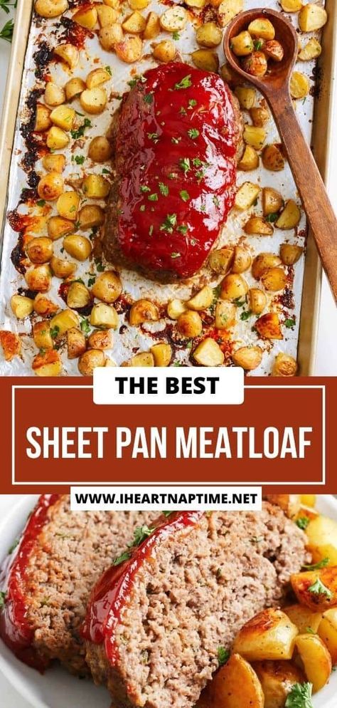 Juicy meatloaf topped with a sweet glaze and crisp potatoes make up this easy sheet pan meatloaf recipe. A dinner idea that is as easy to make as it is to clean up! Sheet Pan Meatloaf, Crisp Potatoes, Pan Meatloaf, Juicy Meatloaf, Ground Beef Meatloaf, Asian Steak Bites, Meatloaf Dinner, Delicious Meatloaf, Beef Meatloaf