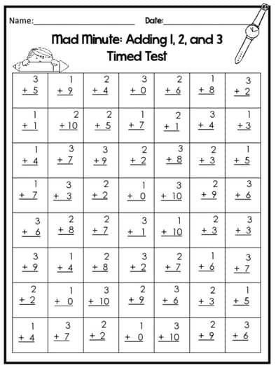 Printable Mad Minute Addition Timed Tests- 6 pages. Kindergarten-1st Grade Math. 1st Grade Activities Printables, Addition To 20 Activities, 1st Grade Homeschool Activities, Math For 1st Grade, Grade 1 Math Worksheets, Math First Grade, Math 3rd Grade, Prek Homeschool, Addition Kindergarten