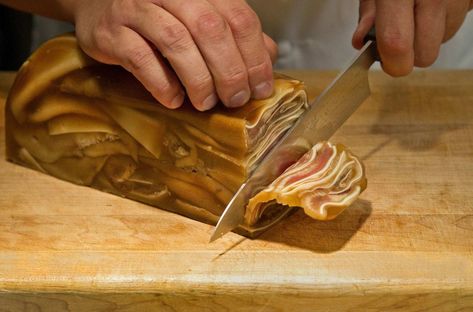 A step-by-step look at how to make chef Sang Yoon's pig ear terrine, served at his restaurant Lukshon in Culver City. Pig Ears Recipe, Pig Feet Recipe, Cantonese Food, Pig Ears, Meat Dinners, Culver City, Snack Bar, Chinese Food, Pork Recipes