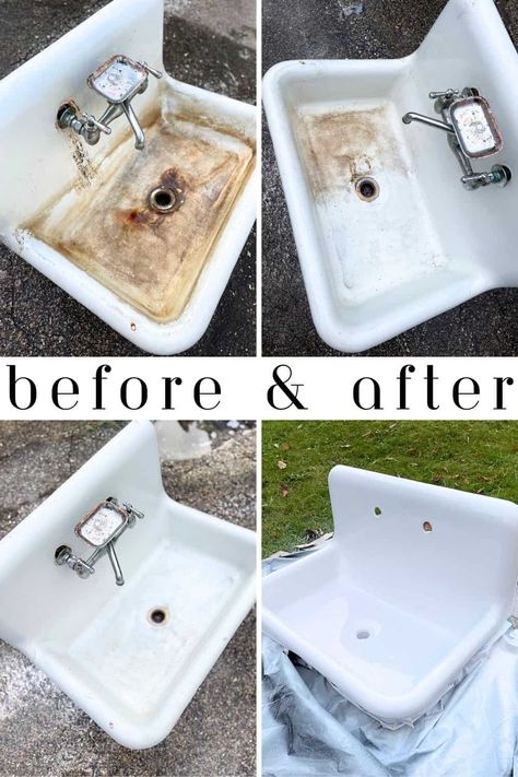 Refinish a Cast Iron Sink for a Smooth + Flawless Finish Vintage Sink In Bathroom, Cast Iron Sink Bathroom Vanity, Sinks With Drain Boards, Laundry Room With Vintage Sink, Upcycling, Repurposed Cast Iron Sink, Vintage Kitchen Sink Ideas, Cast Iron Sink Refinish, Farm Sink In Bathroom