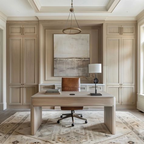 Transform your workspace into a haven of productivity! 💻 Loving the sleek elegance of this home office design, complete with stunning white oak cabinets and a tray ceiling detail that adds a touch of grandeur. . Design. @cielo.and.oak #homeoffice #office #design #render #aidesign #luxuryworkspace #homeofficegoals #yyj #yyjbusiness #yyjdesigner Neutral Masculine Office, White Oak Tray Ceiling, White Oak Home Office, White Oak Office Built In, Built Ins For Office, French Office Design, Office White Cabinets, Open Home Office Design, Dual Office Ideas Home