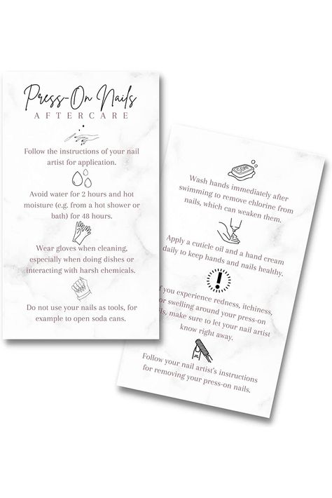 Press-On Nail Aftercare Cards  50 Pack  2x3.5&#34; inch Business Card Size  Add to Your DIY Press-On Nail Kit  Marble Design Nail Tech Aftercare Kit, Press On Card Design, Press On Nails Packaging Ideas Diy, Nail Aftercare Kit, Press On Nail Instruction Card, How To Apply Press On Nails, Press On Nails Card, Press On Business, Press On Nails Instructions