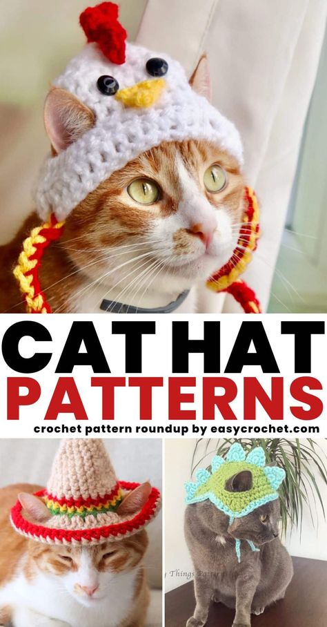 13 Adorable Crochet Cat Hat Patterns Hats For Cats, Crocheting Tutorial, Cat Hat Pattern, Gato Crochet, Kat Haken, Crochet Cat Toys, Chat Crochet, Crochet Cat Hat, Crochet Cat Pattern