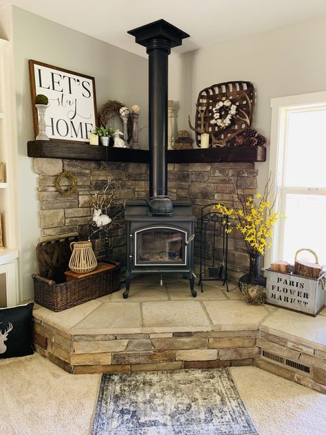 #homedecor #springdecor #cornermantel #woodstove Wood Stove Decor, Wood Burning Stove Corner, Corner Wood Stove, Wood Stove Surround, Corner Stove, Stove Decor, Wood Stove Hearth, Wood Burning Stoves Living Room, Vermont Castings