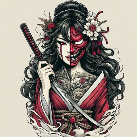 Female Samurai Tattoo, Samurai Mask Tattoo, Marvel Tattoo Ideas, Japanese Hand Tattoos, Geisha Tattoo Design, Mangas Tattoo, Gothic Tattoos, Geisha Tattoo, Japan Tattoo Design