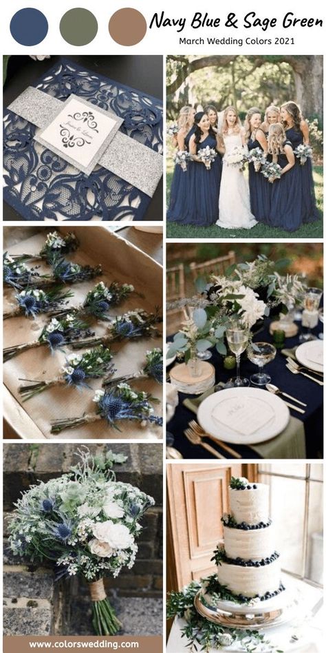 Early April Wedding, Vine Themed Wedding, Blue Sage Gold Wedding, Navy Blue And Sage Green Wedding Flowers, Sage And Navy Blue Wedding, March Wedding Colors 2023, Navy Blue Sage Green Wedding, March Wedding Bouquets, Navy And Sage Green Wedding