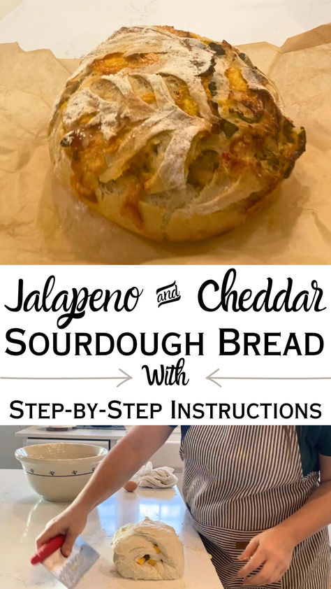 jalapeno cheddar sourdough loaf with text and rolling up dough step pictured Sourdough Bread Mix Ins, Jalapeno Cheddar Sourdough Bread, Cheddar Sourdough Bread, Sandwich Sourdough, Jalapeno Cheese Bread, Beginners Bread Recipe, Discard Recipe, Dough Starter, Sourdough Starter Discard Recipe