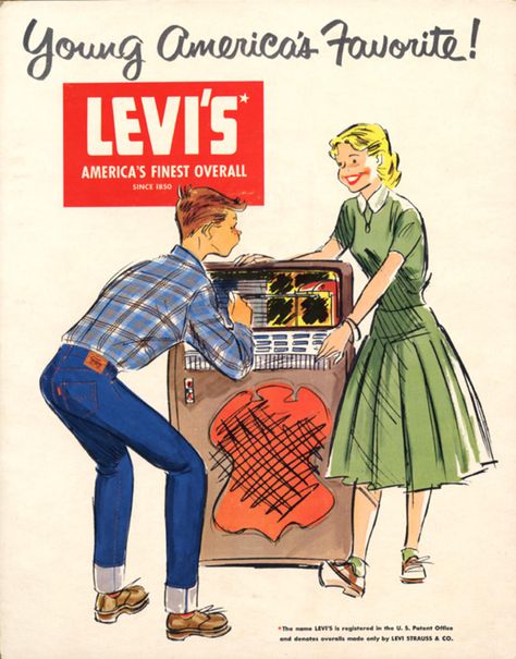 Levi's ads over the years - CBS News 1950s Ads, Fashion Innovation, Advertising Slogans, Denim Workwear, Old Advertisements, American Jeans, Retro Ads, Old Ads, Levi Jeans 501