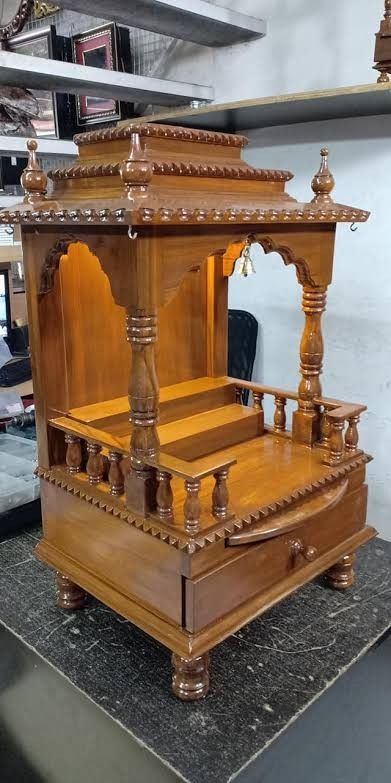 Wooden God Mandir, Wooden Devghar Design, Wooden Temple For Home Modern, Wood Temple Design, Nela Muggulu, Puja Unit, Teak Door, Wooden Temple For Home, Flush Door Design