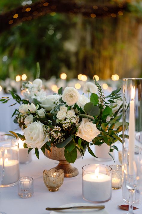 Elegant Green and White Wedding at the Villa Woodbine. Low Green and White Centerpiece Table Decorations White And Green, Simple Green Table Centerpieces, White Green Wedding Flowers Centerpieces, Gold Sage White Wedding, White Low Centerpiece Wedding, Simple Green Wedding Centerpieces, White Wedding Flowers Long Table, White Wedding Flowers With Lots Of Greenery, Sage And White Flowers