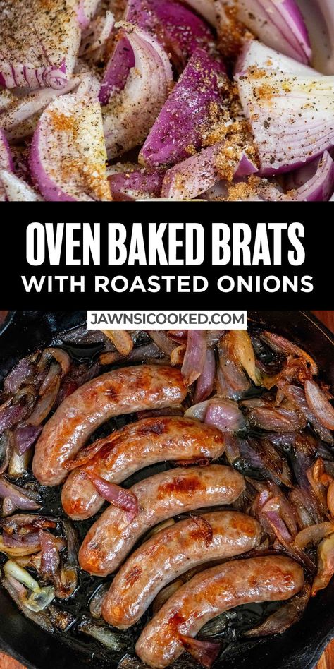 An easy and delicious method for cooking bratwurst, these Easy Oven Baked Brats with Roasted Onions comes together in about 30 minutes, for a delicious and mess-free way to make brats for dinner! Brats In Cast Iron Skillet, How To Cook Brats On The Stove, Oven Brats, Brat Recipes Easy Meals, Oven Baked Brats, Baked Brats, Cooking Brats, Baked Bratwurst, How To Cook Bratwurst