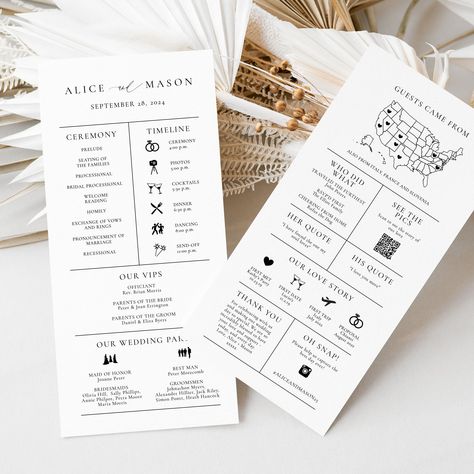 "DIGITAL FILE - This is a DIY editable file using Templett. PRINTED - If you would prefer me to do all the work and then PRINT + SHIP, please see this listing: - https://www.etsy.com/au/listing/1190720007 This template is a fun wedding program that can include all your details and link your guests to your website or social media.  ► The template includes an example QR Code in the layout (QR Code creation instructions are included with purchase - creating your own QR Code is free and very easy!). The idea is to insert your own QR Code and then link your guests from their smartphone straight to your website or anywhere else online! ► 48 icons are included as well as 6 maps. Access your template within minutes of purchase and edit in TEMPLETT. Wording, font, and font color can all be edited, Fun Wedding Programs, Program Wedding, Wedding Infographic, Order Of Events, Wedding Schedule, Wedding Ceremony Programs, Future Mrs, Ceremony Programs, Program Ideas