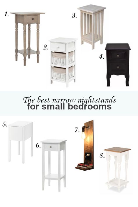 It is hard to find narrow nightstands for small bedrooms. Here is a list of my favorite nightstands under 12" wide. Bedside Table For Small Bedroom, Very Small Bedside Table, Compact Nightstand, Small Night Stands Bedside Tables, Night Stand For Small Space, Cute Small Nightstands, Diy Small Nightstand Bedside Tables, Narrow Nightstand Ideas Diy, Small Bedside Table Ideas Tiny Bedrooms