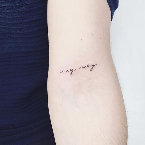 My way. Merci Jordan! #script #scripttattoo #wordtattoo #myway #mountainstattoo #inkedmag #darkartists #k #tattoodo #radtattoos… Tattoo Script, Word Tattoos, Tattoo Styles, Tiny Tattoos, Inspirational Tattoos, Tattoos And Piercings, Maple Leaf Tattoo, I Tattoo, My Way