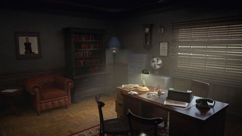 Noir Detective Office, 1940s Office, Detective Office, 1940s Aesthetic, Noir Detective, Aesthetic Office, Old Office, Prop Design, Office Table