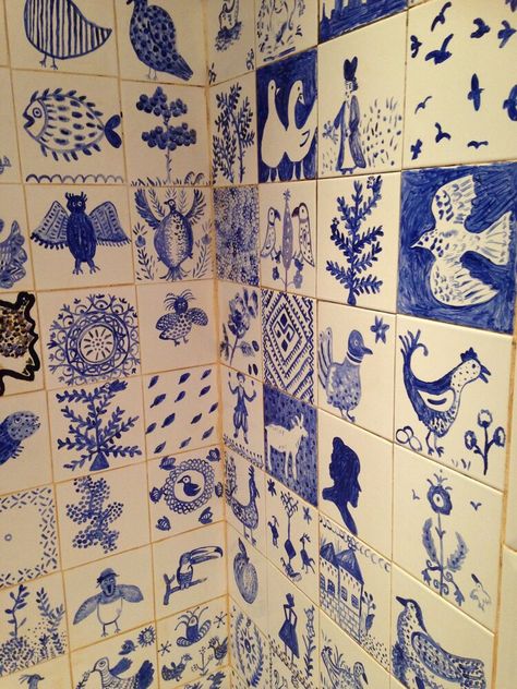 Flowers, Animals, Collage, Blue Tiles, White Tiles, Tile, Blue And White, Birds, Wall