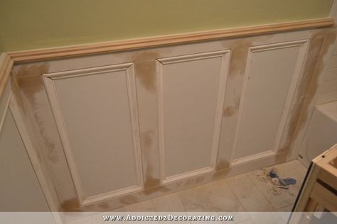 Finished Recessed Panel Wainscoting (Judges Paneling) With Mosaic Tile Accent Diy Wainscoting Bathroom, Recessed Panel Wainscoting, Panel Wainscoting, Judges Paneling, Plywood Bathroom, Bathroom Wainscoting, Wainscoting Height, Wainscoting Nursery, Picture Frame Wainscoting