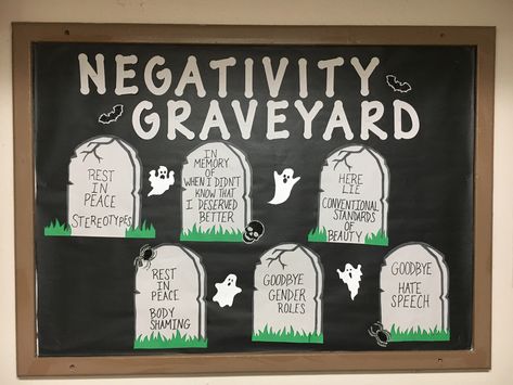 An October RA bulletin board! Graveyard Bulletin Board, Staff Bulletin Boards, Dorm Bulletin Boards, Toddlers Hairstyles, Res Life Bulletin Boards, Counseling Bulletin Boards, Middle School Bulletin Boards, Nurse Bulletin Board, Health Bulletin Boards