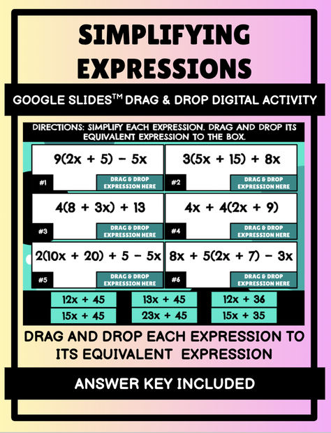 Keep your students engaged with this fun 6th grade math activity! Students will generate equivalent expressions by applying the distributive property and combining like terms. Students will drag and drop the expression with its equivalent expression.This is a great review for 7th and 8th grade students before moving into solving multi-step equations! Equivalent Expressions, Solving Multi Step Equations, Simplifying Expressions, Multi Step Equations, 6th Grade Math, Distributive Property, Combining Like Terms, Like Terms, 7th Grade Math