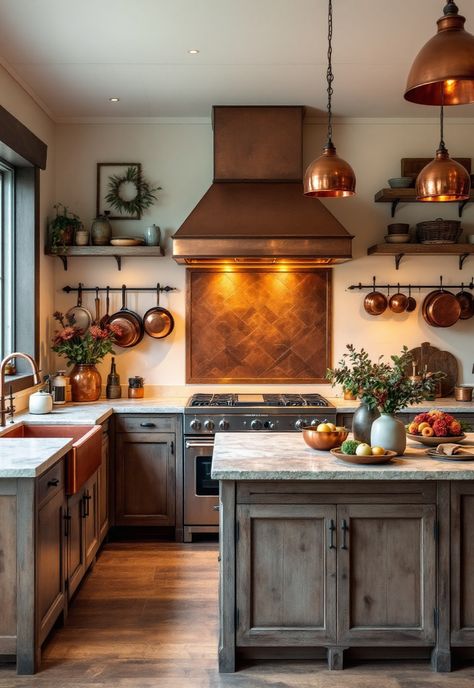 Rustic Kitchen Copper And Cream Kitchen, Rustic Copper Kitchen, Copper Kitchen Fixtures, Copper Accent Kitchen, Kitchen Copper Accents, Kitchen With Copper Accents, Cabin Kitchen Ideas, Modern Cabin Kitchen, Highlights Copper