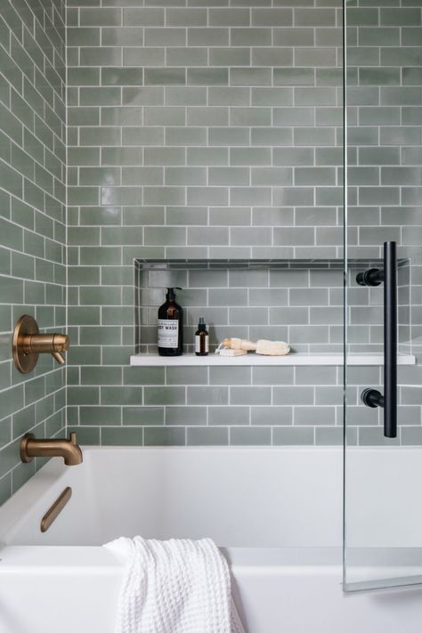 Grey Green Shower Tile, Green Gray Tile Bathroom, Rosemary Tile Bathroom, Green Grey Tiles Bathroom, Inset Tub Shower Combo, Bathroom Shelves And Cabinets, Green Tile For Bathroom, Small Main Bathroom Ideas With Tub, Boho Bathroom Shower Tile