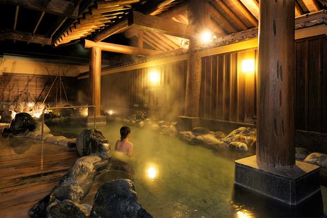 Hot spring and sauna | Fujiyama Onsen Japanese Hot Springs Indoor, Japanese Sauna Design, Indoor Hot Spring, Japanese Hot Springs Aesthetic, Japanese Sauna Aesthetic, Japanese Onsen Design, Bathhouse Japanese, Backyard Onsen, Hot Spring Aesthetic