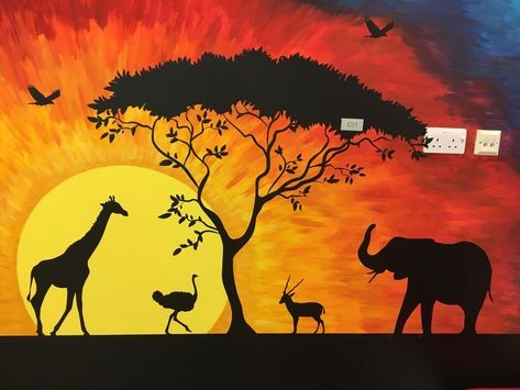 Jungle Alphabet, Sunset Mural, Africa Drawing, Houston Tattoos, African Sunset, Jungle Art, Easy Canvas Art, Le Roi Lion, Shadow Art