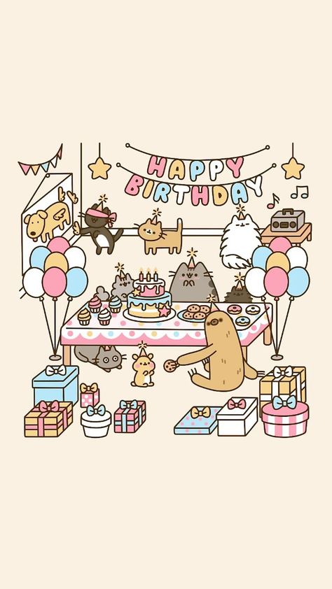 Pusheen Birthday Wallpaper, Pusheen Wallpaper Ipad, Pusheen Birthday Party Ideas, Pusheen Birthday Party, Birthday Pusheen, Kawaii Birthday Party, Bday Background, Pusheen Birthday, Pusheen Cute