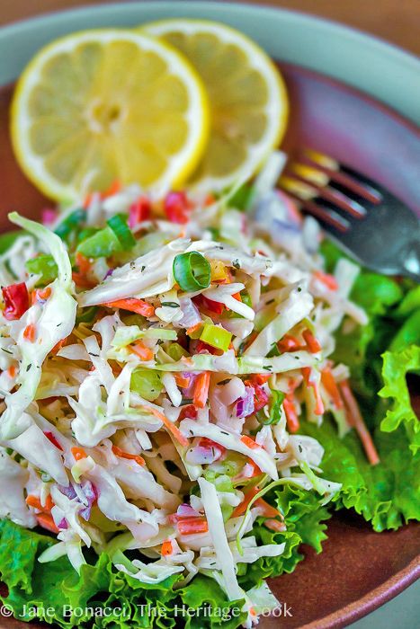 Ranch-Flavored Cole Slaw from Jane Evans Bonacci of The Heritage Cook. This confetti-style cole slaw with ranch dressing is perfect for picnics and cookouts #bbq #coleslaw #bbqrecipe #picnic #picnicrecipe Coke Slaw, Cabbage Salads, Ranch Slaw, Salad Shooter, Vegan Coleslaw, Coleslaw Dressing, The Food Network, Homemade Ranch Dressing, Summer Foods