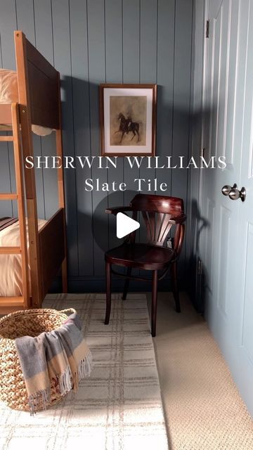 Ashlyn | Home Decor + Interior Design on Instagram: "Slate Tile by Sherwin Williams is the perfect grey-blue color if you want to make your space moody but still feel neutral. I absolutely fell in love with this color when we started painting the boys room. I just love how versatile it is. It looks grey in some lighting and blue in others. It’s so good! Be sure to save this for your next project! 

Comment “SHOP” and I’ll send you the links to everything in this room! 

You can also shop by clicking the link in my bio!" Blue Grey Paint Color For Bedroom Sherwin Williams, Blue Grey Mudroom, Sw Slate Tile Bedroom, Wherein Williams Blue Paint, Slate Tile Sherwin Williams Bedroom, Breakwater Sherwin Williams, Sw Slate Tile Paint, Slate Blue Paint Colors Sherwin Williams, Blue Paint Boys Room