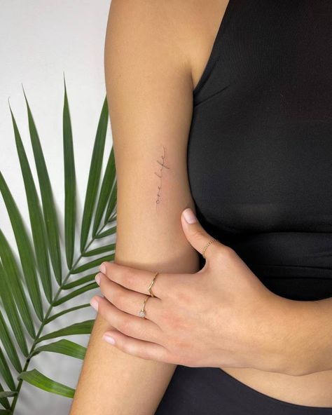 Elongated Script Tattoo, Live With Purpose Tattoo, Fine Line Writing Tattoo Arm, Fine Line Written Tattoo, Bicep Writing Tattoo, Create Word Tattoo, Bicep Script Tattoo, Written Tattoo Placement, Life Is Now Tattoo